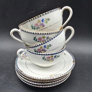 Noritake Sheridan Tea Cups Saucer Set of Four Art Deco Floral Blue Black Japan